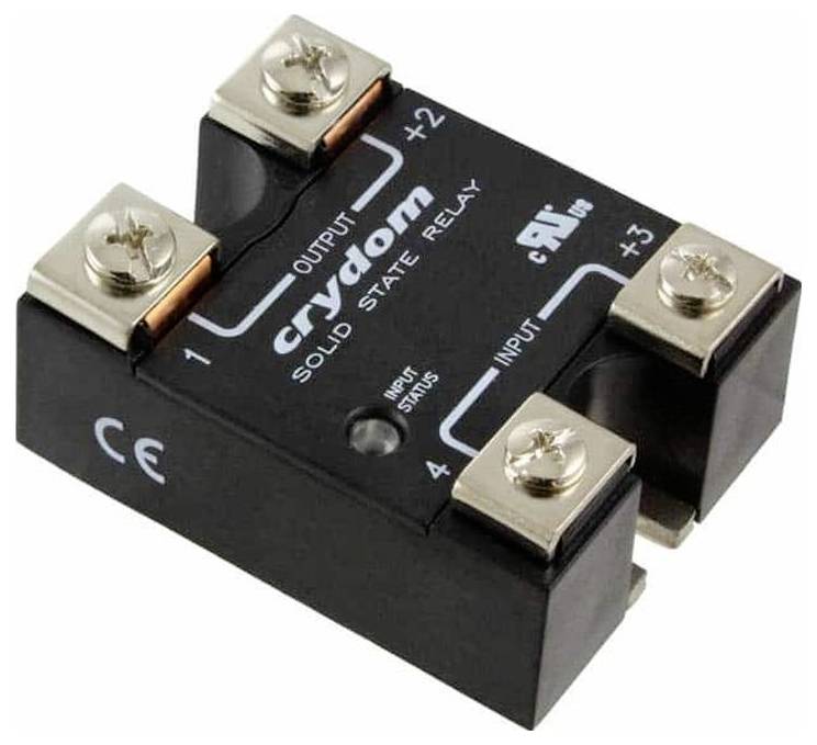 Halbleiterrelais mit Crydom-Markenname, beschriftet für Ausgang und Eingang, mit den Anschlüssen nummeriert 1 bis 4, CE-zertifiziert.