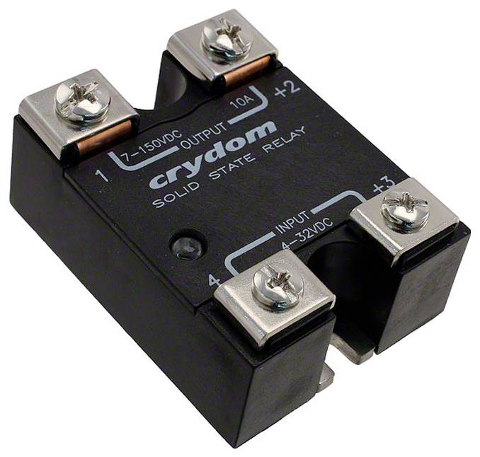 Ein weißes Crydom-Halbleiterrelais Modell 'D53RV', gekennzeichnet für 25A und 3-48V, mit Anschlüssen gekennzeichnet als 3/L2, 1/L1 und andere.