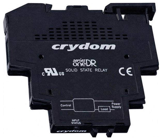 Ein schwarzes Crydom MCBC2450CL Halbleiterrelais mit zwei Schrauben, beschriftet mit „277V~ OUTPUT 50A