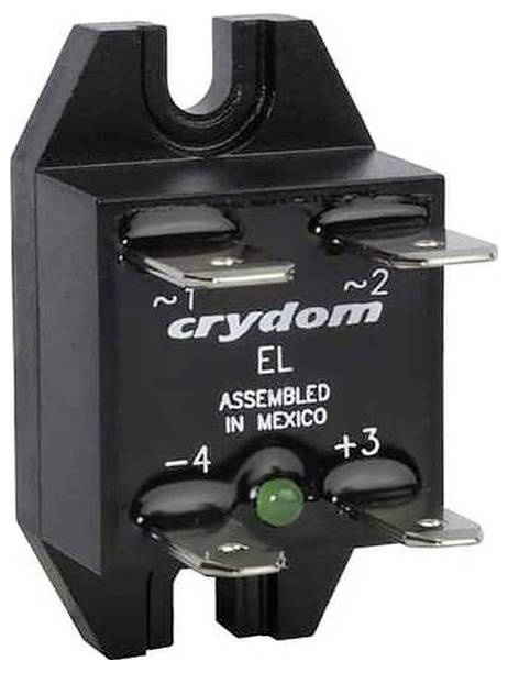 'Crydom EL, hergestellt in Mexiko' Halbleiterrelais mit vier Anschlüssen mit den Bezeichnungen 1, 2, 3 und 4 und einer grünen Kontrollleuchte.