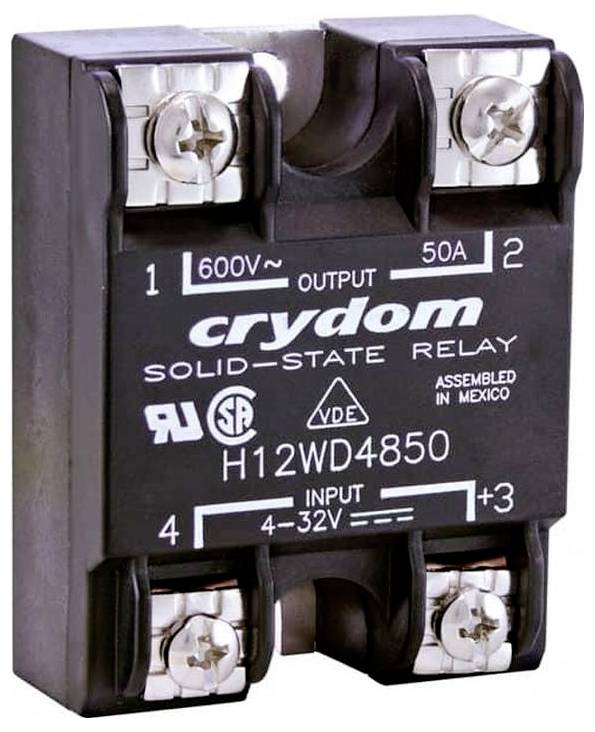 Ein Crydom-Halbleiterrelais mit vier Anschlüssen, gekennzeichnet mit „+1