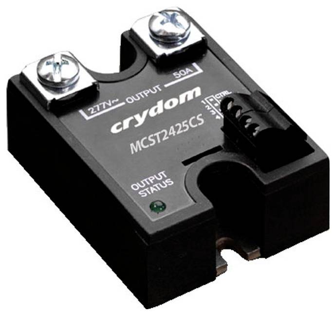 Nahaufnahme eines Crydom-Halbleiterrelais, Modell MCST2425CS, mit Anzeige der Ausgangsleistung 277V, 50A und einer Statusanzeigeleuchte.