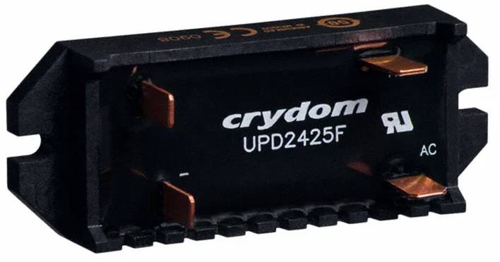 Halbleiterrelais Modell 'Crydom UPD2425F', schwarzes Gehäuse mit Kupferkontakten, verwendet für elektrotechnische Steueranwendungen.