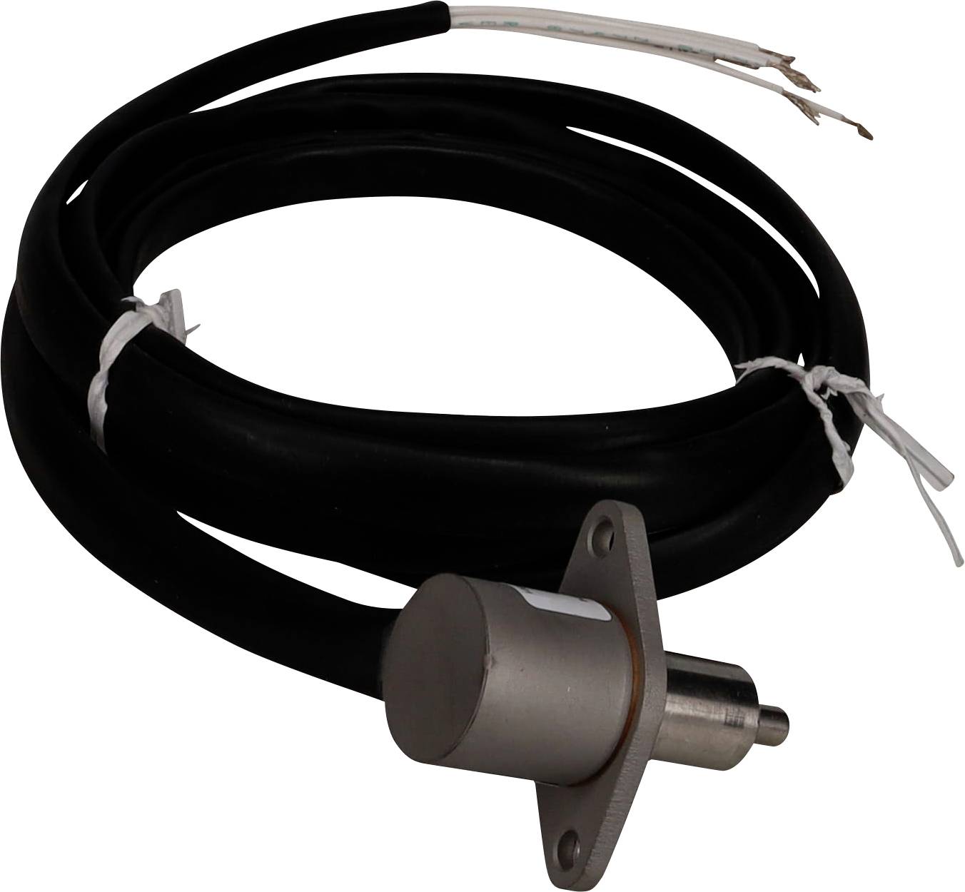 Ein gewickeltes schwarzes Kabel mit einem zylindrischen Metallsensor an einem Ende, möglicherweise zur Temperatur- oder Druckmessung verwendet.