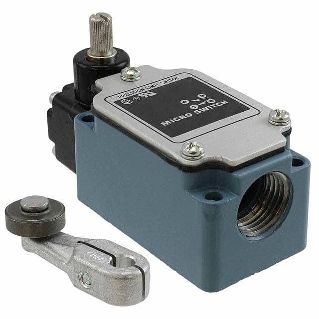 Ein blauer Mikroschalter mit Metallhebelarm und Schraubgewinde. Der Aufdruck auf dem Gehäuse lautet 'Micro Switch'.