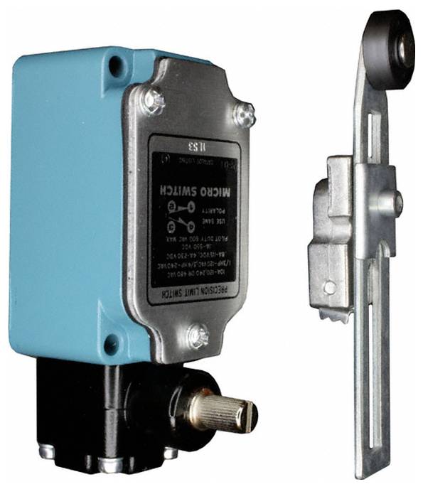 Ein industrieller Mikroschalter mit blauem Gehäuse und Metallhebel, üblicherweise zur Erkennung von mechanischer Bewegung oder Position verwendet.