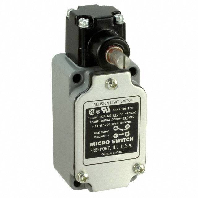 Industrieller Mikroschalter mit Metallgehäuse und Aufschrift 'MICRO SWITCH, Freeport, Ill., USA', technische Spezifikationen sichtbar.