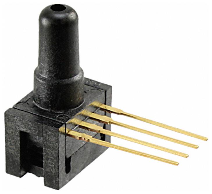 Ein schwarzer elektronischer Sensor mit vier goldenen Stiften, die aus seiner Basis hervorragen, typischerweise für Druckdetektionsanwendungen verwendet.