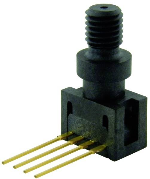 Ein Drucksensor mit rechteckigem Gehäuse und vier goldenen Steckpins am unteren Ende. Oben befindet sich ein schwarzer Gewindestutzen.