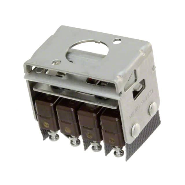 Ein elektrischer Schalter mit Metallgehäuse und mehreren braunen Anschlusspins, geeignet für industrielle Anwendungen.