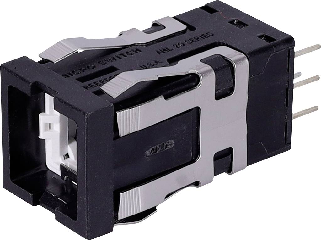 Ein schwarzer und metallischer rechteckiger Schalter mit Anschlüssen, entwickelt für elektronische Geräte. Die Beschriftung lautet 'MICRO-SWITCH ML 29' und 'JOHNSON USA'.