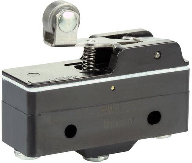 Ein schwarzer Mikroschalter mit metallischem Hebel und Schraubanschlüssen. Er wird häufig in der Elektronik zur Erkennung von Grenzen oder Positionen verwendet.