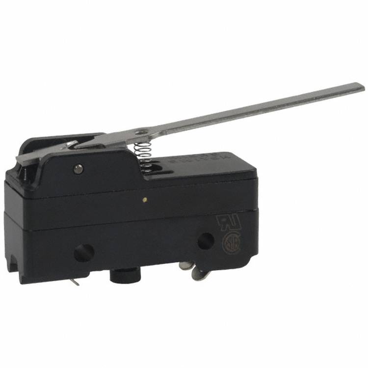 Ein schwarzer mechanischer Mikroschalter mit metallischem Hebel, der für elektrische Steueranwendungen verwendet wird.