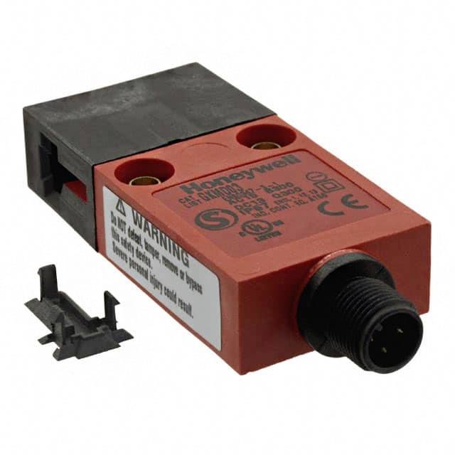 Elektrischer Schalter von Honeywell mit Warnhinweis auf der Seite, rot-schwarzes Gehäuse, runde Steckverbindung vorne.