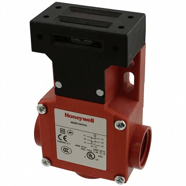 Rotes Honeywell-Mikroschaltergehäuse mit schwarzen Anschlüssen, CE-Kennzeichnung sichtbar.