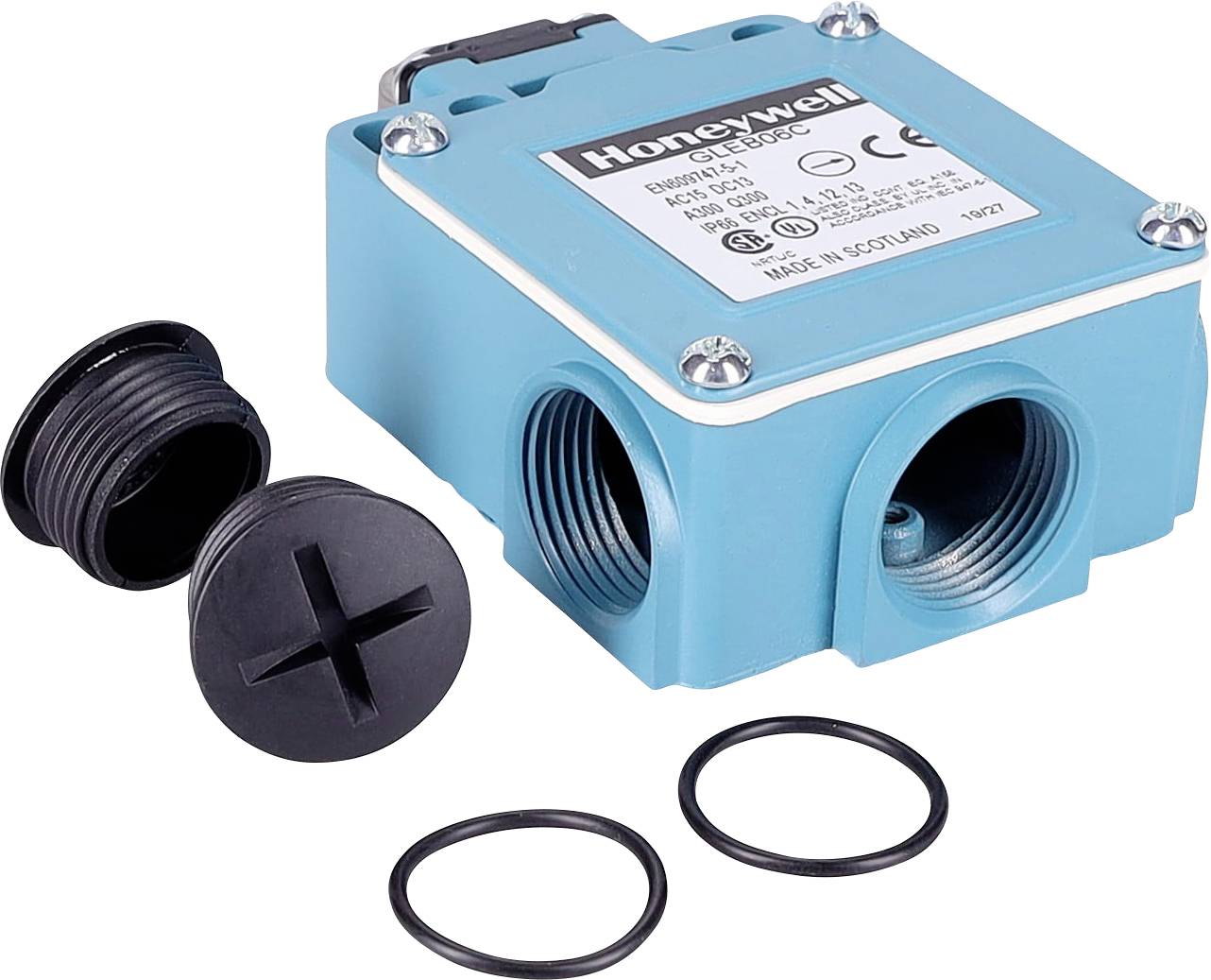 Ein blaues Honeywell-Mikroschaltgehäuse mit mehreren Gewindebohrungen, inklusive schwarzer Dichtungsstopfen und O-Ringen für Installation und Schutz.