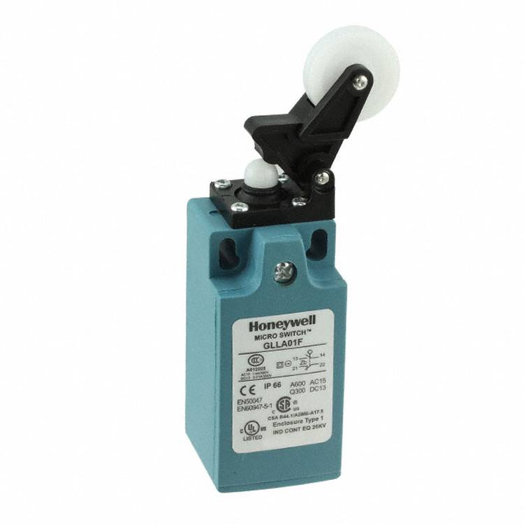Ein hellblauer Honeywell-Mikroschalter mit Rollenhebel-Betätigung. Modell GLLA01F. Geeignet für industrielle Automatisierung.
