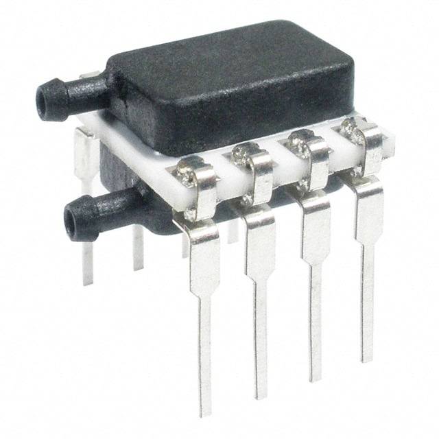 Ein 8-poliger Dual-Inline-Integrated-Schaltkreis mit schwarzer Abdeckung und zwei seitlichen Anschlüssen, vertikale Pins unten.