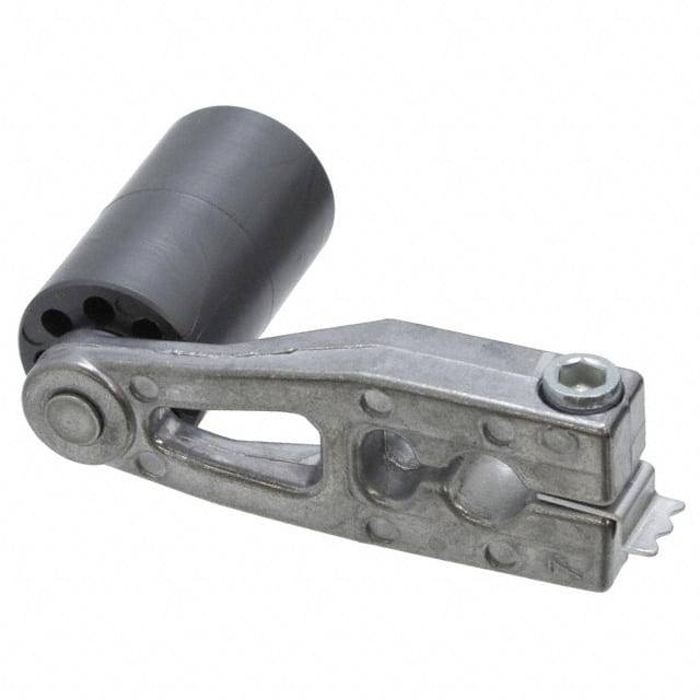 Ein graues Metallscharnier liegt neben einem schwarzen Kunststoffzylinder auf einem weißen Hintergrund.