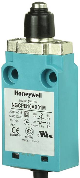 Ein blauer Honeywell-Mikroschalter mit der Modellbezeichnung „NGCPB10AX01M