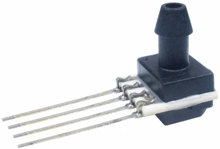 Ein kleiner elektronischer Drucksensor mit vier Metallstiften, die sich von seiner Basis erstrecken, wird zur Messung von Luft- oder Gasdruck in Geräten verwendet.