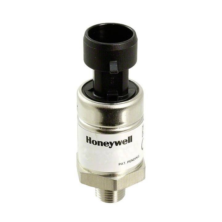 Ein Drucksensor von Honeywell, zylinderförmig, aus Metall mit schwarzem Anschlussadapter.