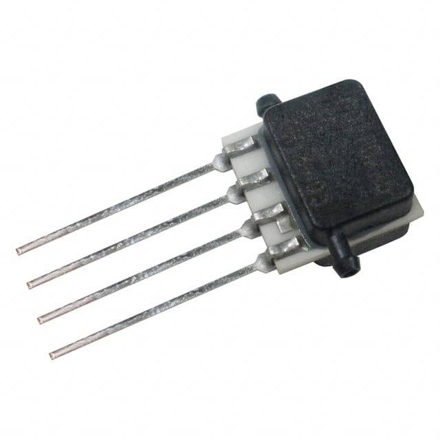 Ein elektronisches Bauteil mit vier dünnen Metallpins in einer Reihe, erkennbar als Sensor oder Transistor, vor weißem Hintergrund.