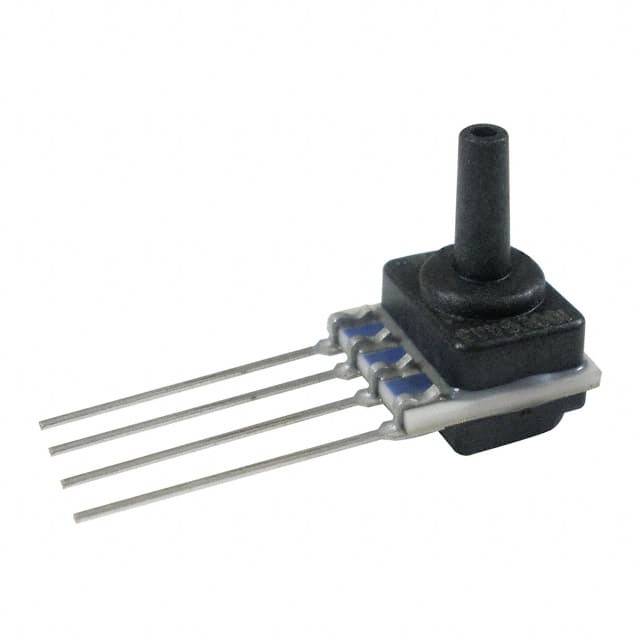Ein schwarzer Drucksensor mit vier Metallpins, verwendet in elektronischen Schaltungen zur Messung von Druckänderungen.