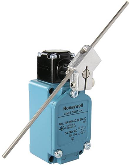 Ein blauer Honeywell-Endschalter mit einem Edelstahl-Hebelarm und schwarzem Kunststoffkopf wird zur Steuerung von Maschinen­bewegungen verwendet.