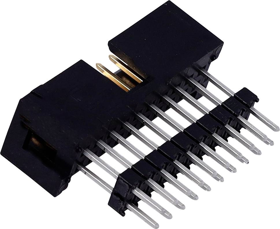 Ein schwarzer Winkelstiftleiste-Verbinder mit 10 Metallpins, die in zwei Reihen angeordnet sind und zur Herstellung von Verbindungen zwischen elektronischen Bauteilen verwendet wird.