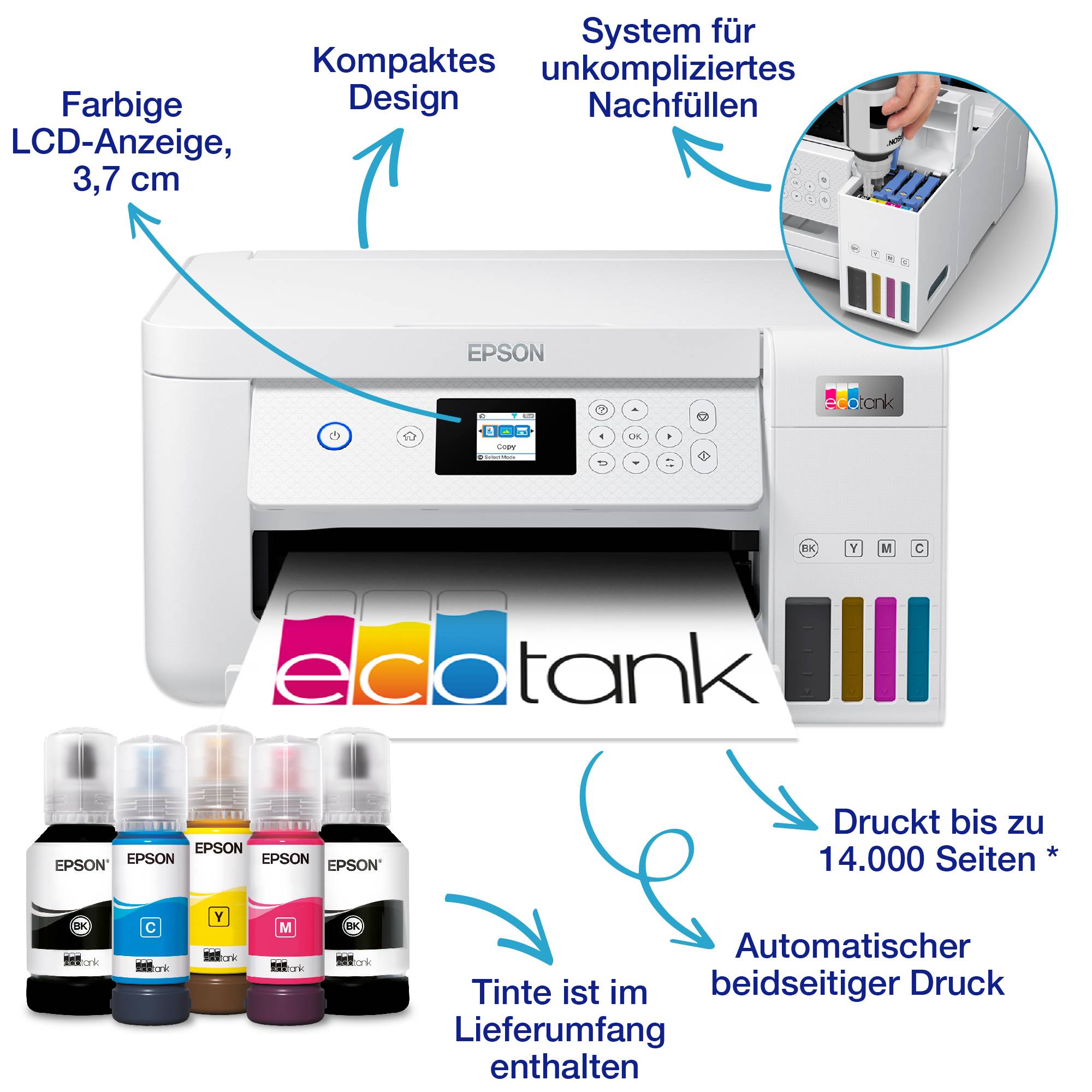 Drucker von Epson mit farbigem LCD-Display, kompaktem Design und ECOTANK-Nachfüllsystem. Druckt bis zu 14.000 Seiten mit automatischem Duplexdruck.