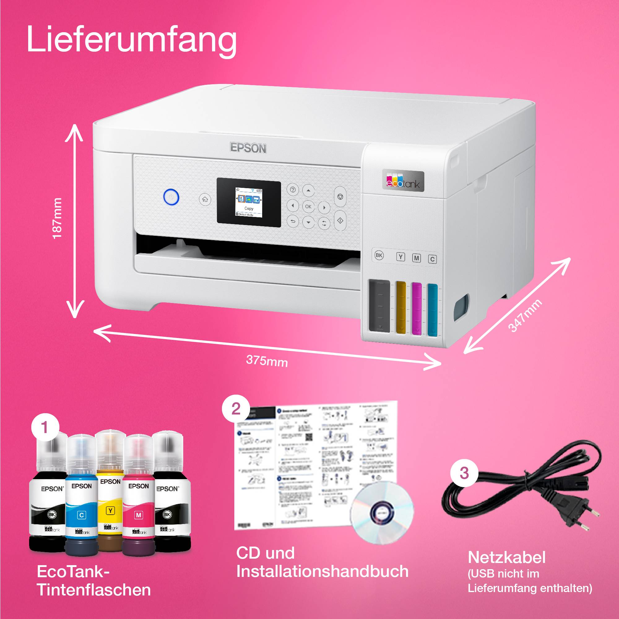 Drucker mit Abmessungen 375mm x 347mm x 187mm, EcoTank-Tintenflaschen, CD und Installationshandbuch, Netzkabel nicht enthalten.