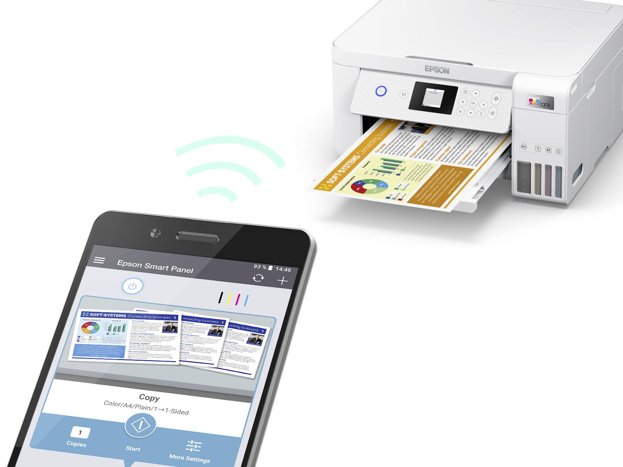 Ein Smartphone nutzt die 'Epson Smart Panel'-App, um kabellos ein Dokument zu einem Epson-Drucker zu senden.