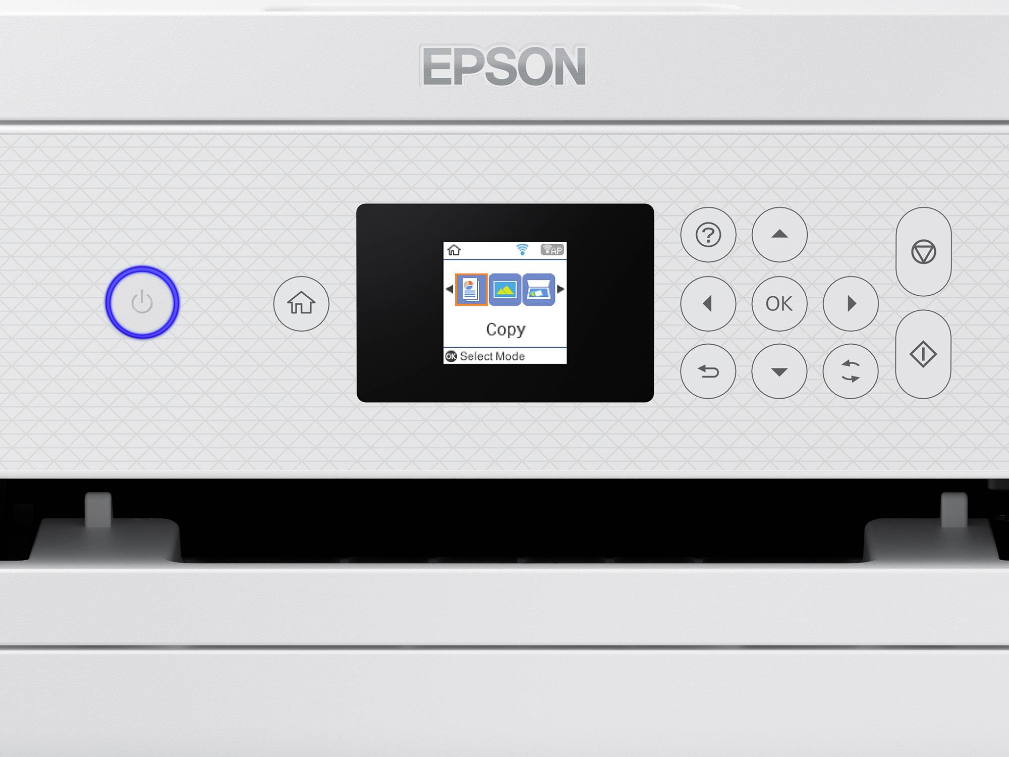 Ein Drucker mit einem Touchscreen-Display, auf dem 'Copy' ausgewählt ist, und mehreren Tasten zur Steuerung der Funktionen.