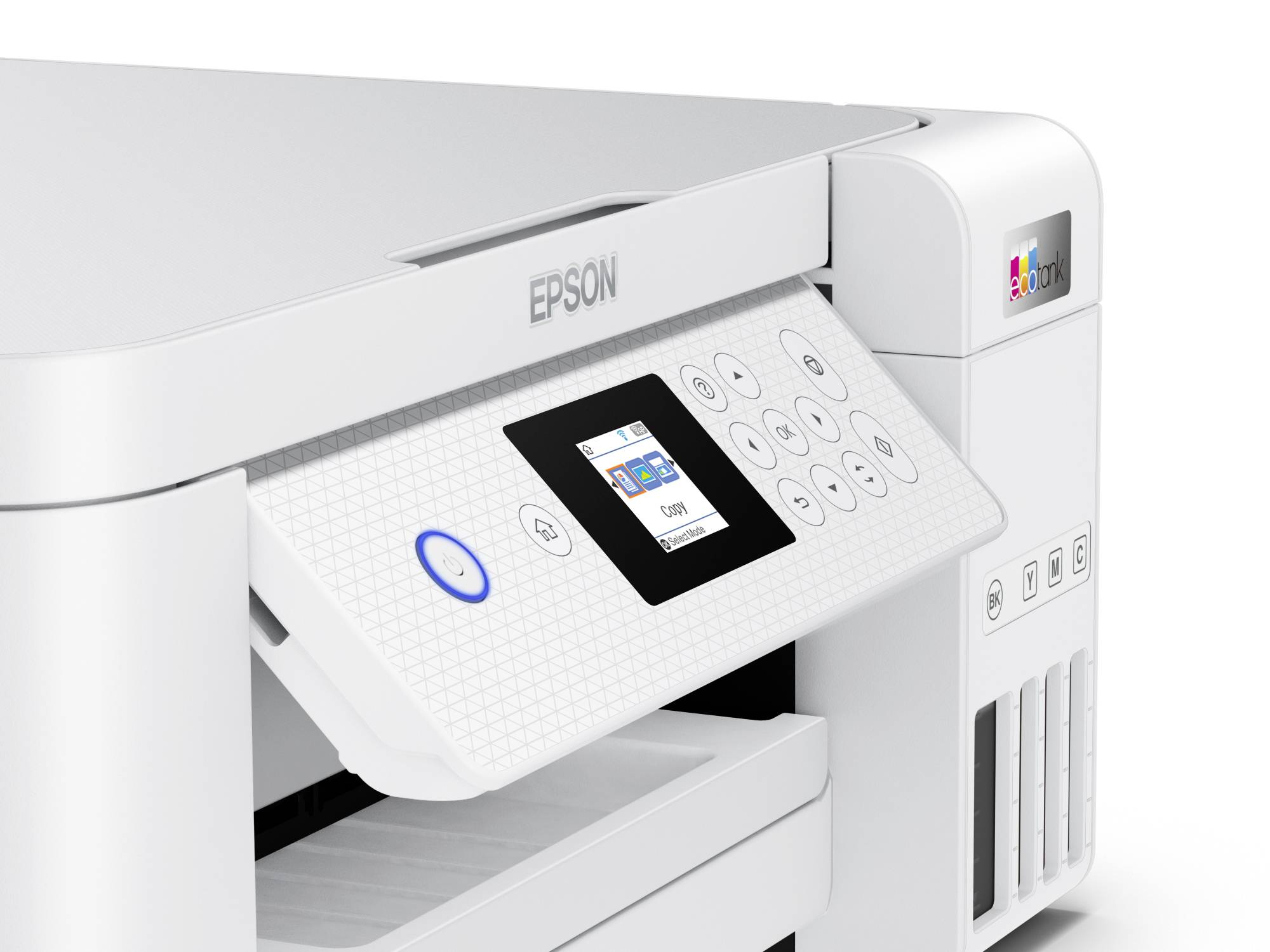 Weißer Drucker mit digitalem Display und Bedientasten. Es zeigt das Epson-Logo und eine Flüssigkeitstankanzeige an der Seite.