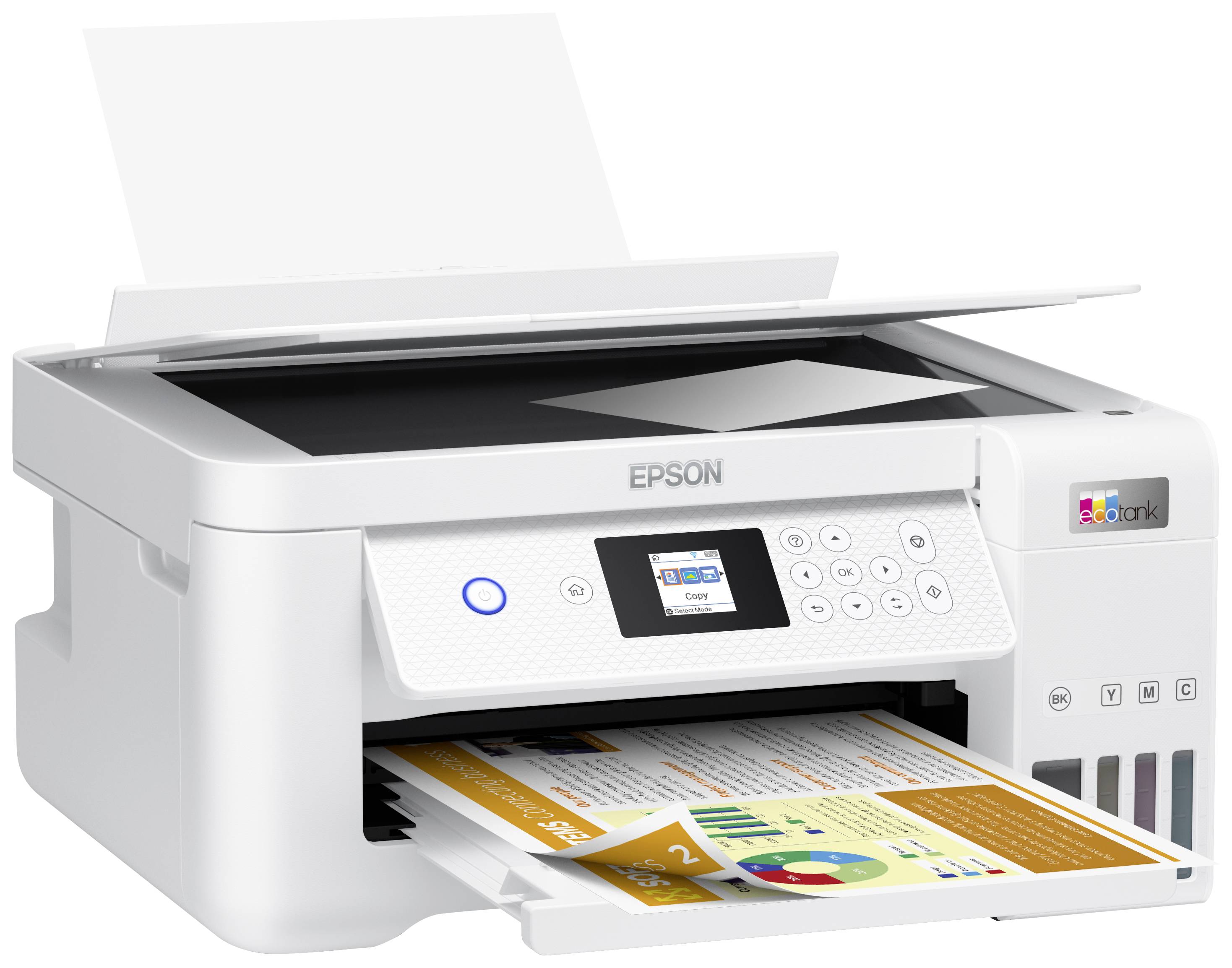 Ein weißer Drucker druckt ein farbiges Dokument mit Diagrammen und Text. Der Drucker hat ein digitales Display und ist von Epson.