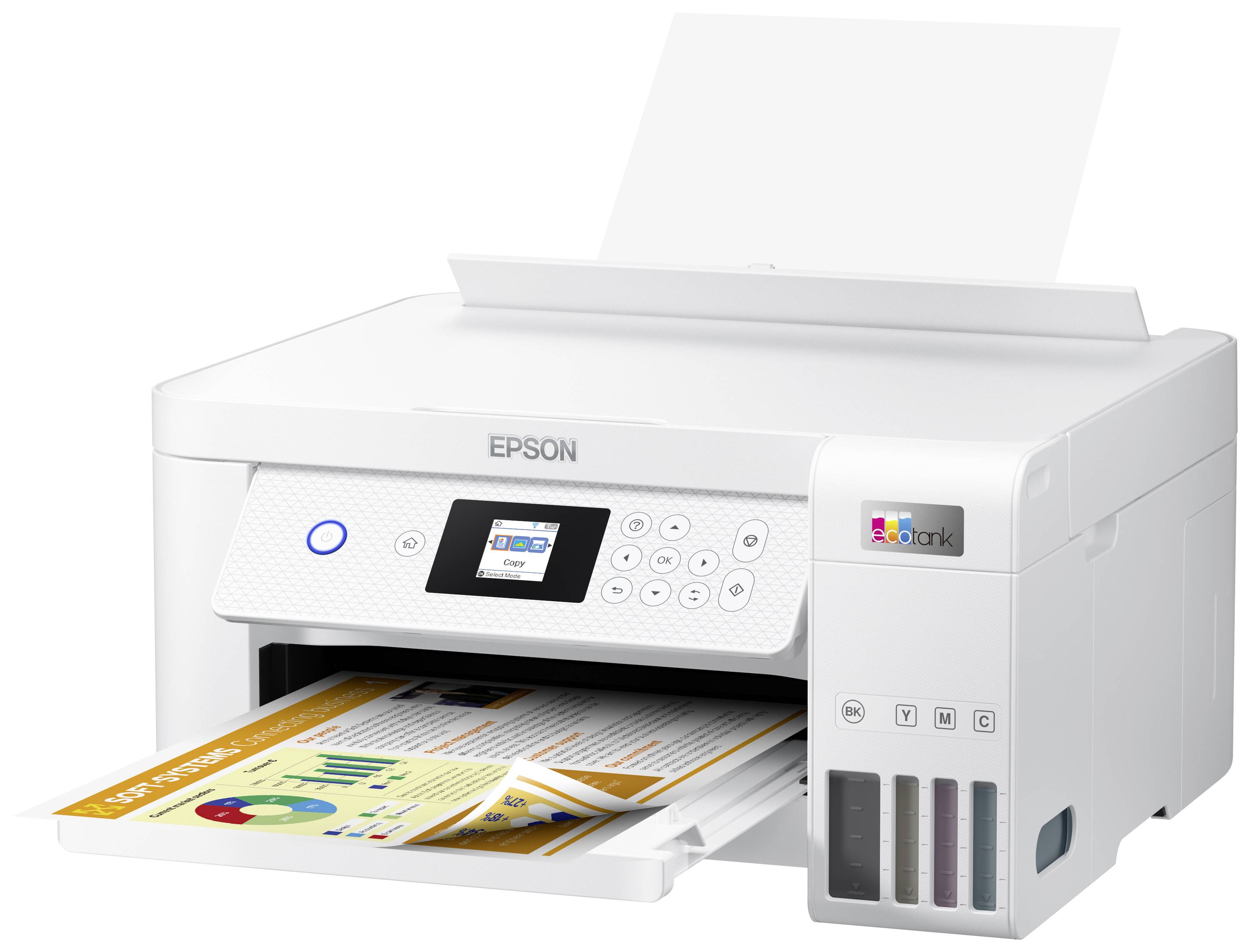 Ein weißer Epson-Drucker gibt ein Blatt mit farbiger Grafik und Text aus. Der Drucker hat einen kleinen Bildschirm und Knöpfe auf der Vorderseite.