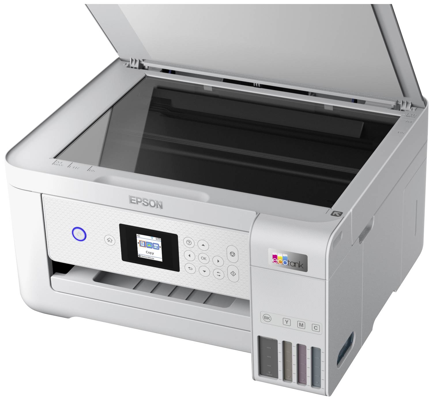 Ein offener Multifunktionsdrucker mit Display und verschiedenen Farbpatronenfächern ist zu sehen.