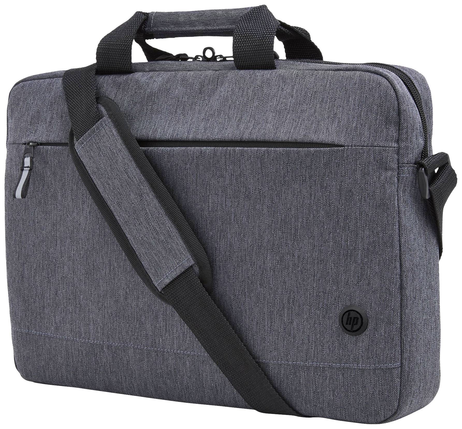 Graue Laptoptasche mit gepolstertem Schultergurt und Reißverschlusstasche vorne.