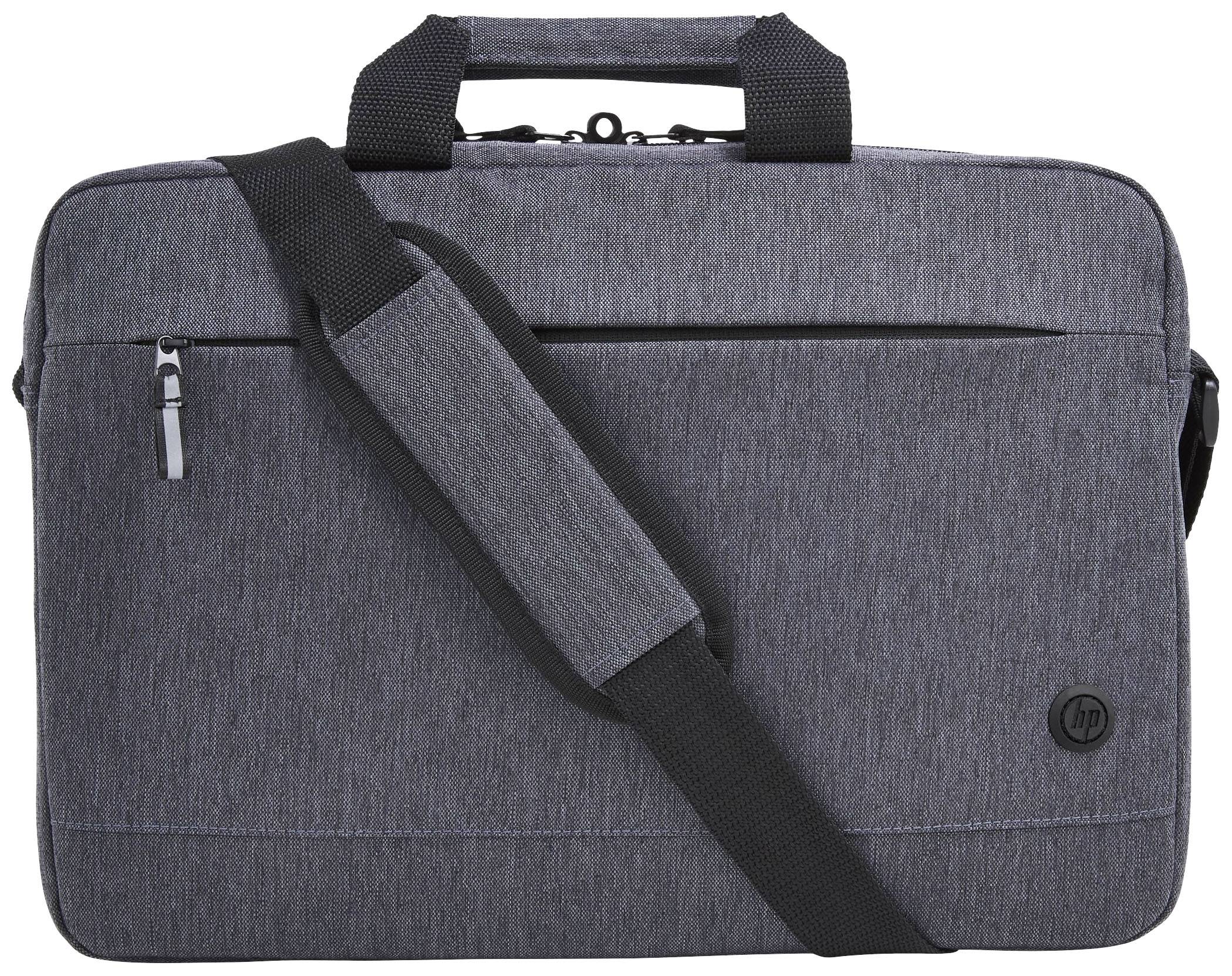 Graue Laptoptasche mit Tragegriff und Schulterriemen, Reißverschlussfach vorne.