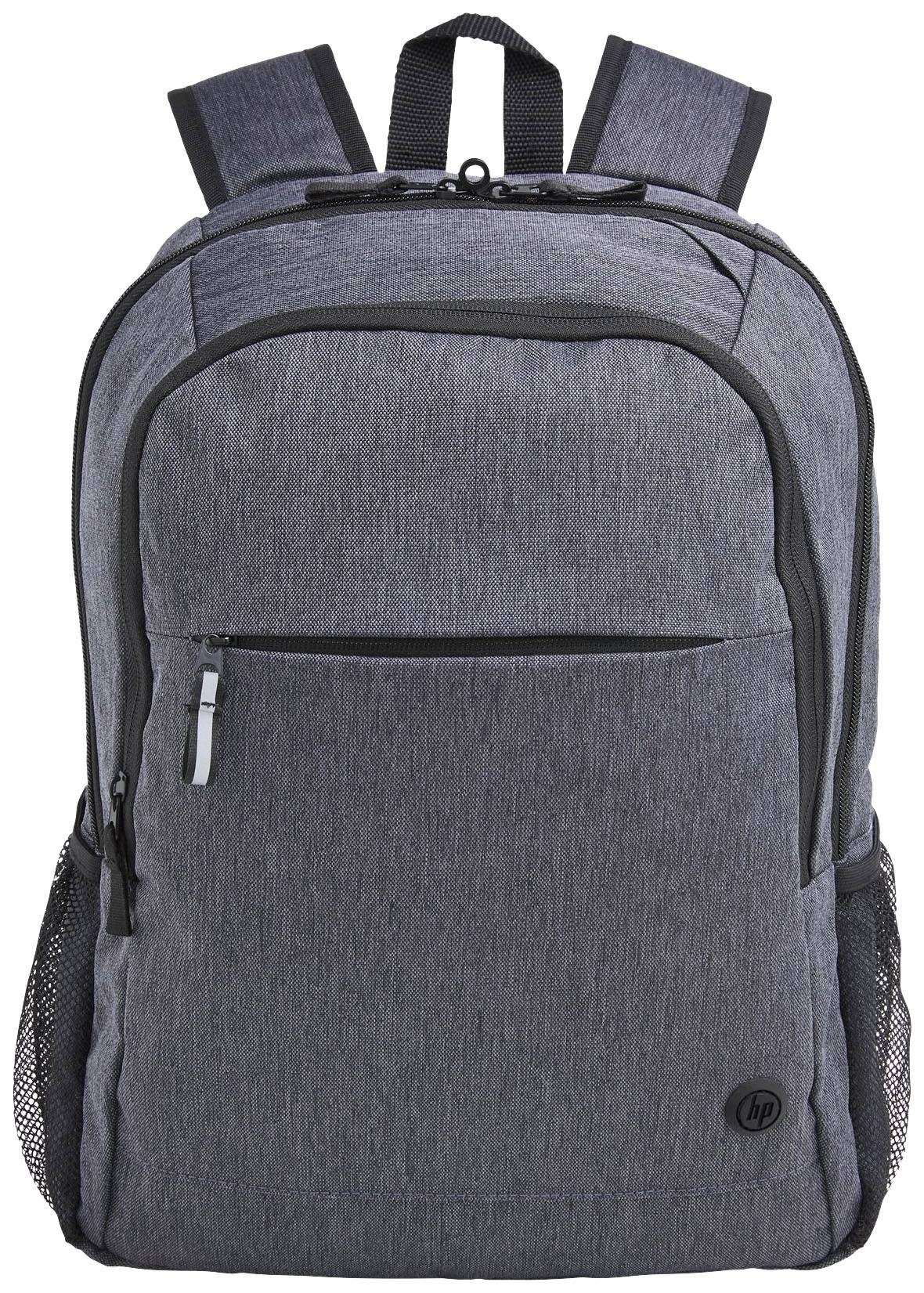 Grauer Rucksack mit mehreren Fächern und zwei Seitentaschen aus Mesh. Geeignet für den Transport von Laptops und Schulmaterial.
