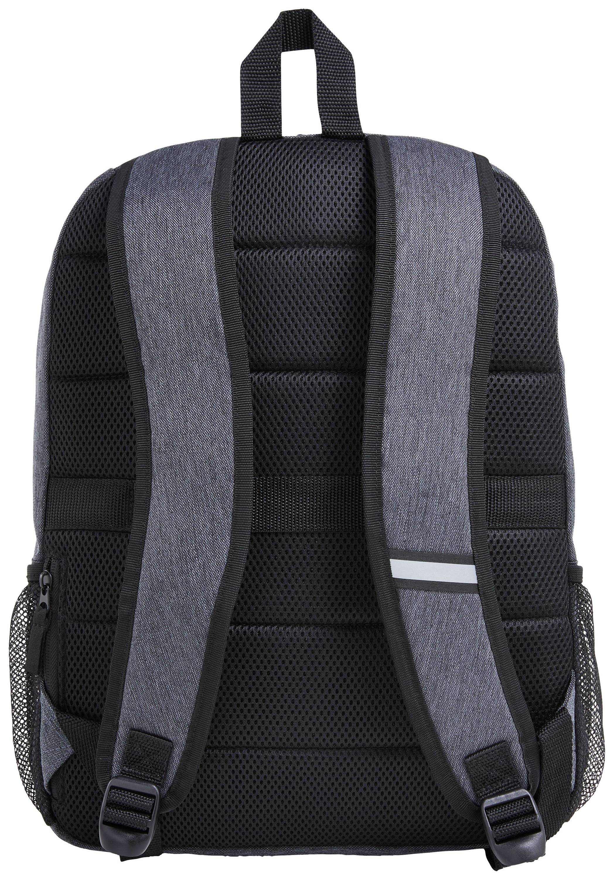 Grauer Rucksack mit gepolsterten, verstellbaren Trägern, Rückseite ist schwarz mit atmungsaktivem Netzgewebe und reflektierendem Streifen.