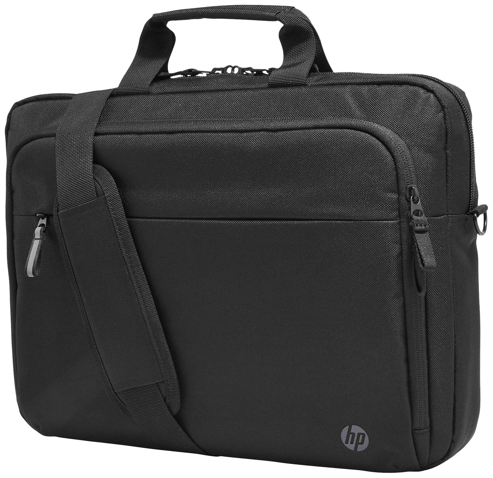 Schwarze Laptop-Tasche mit Tragegriff und Schultergurt, vorne mit Reißverschlussfach, HP-Logo unten rechts.