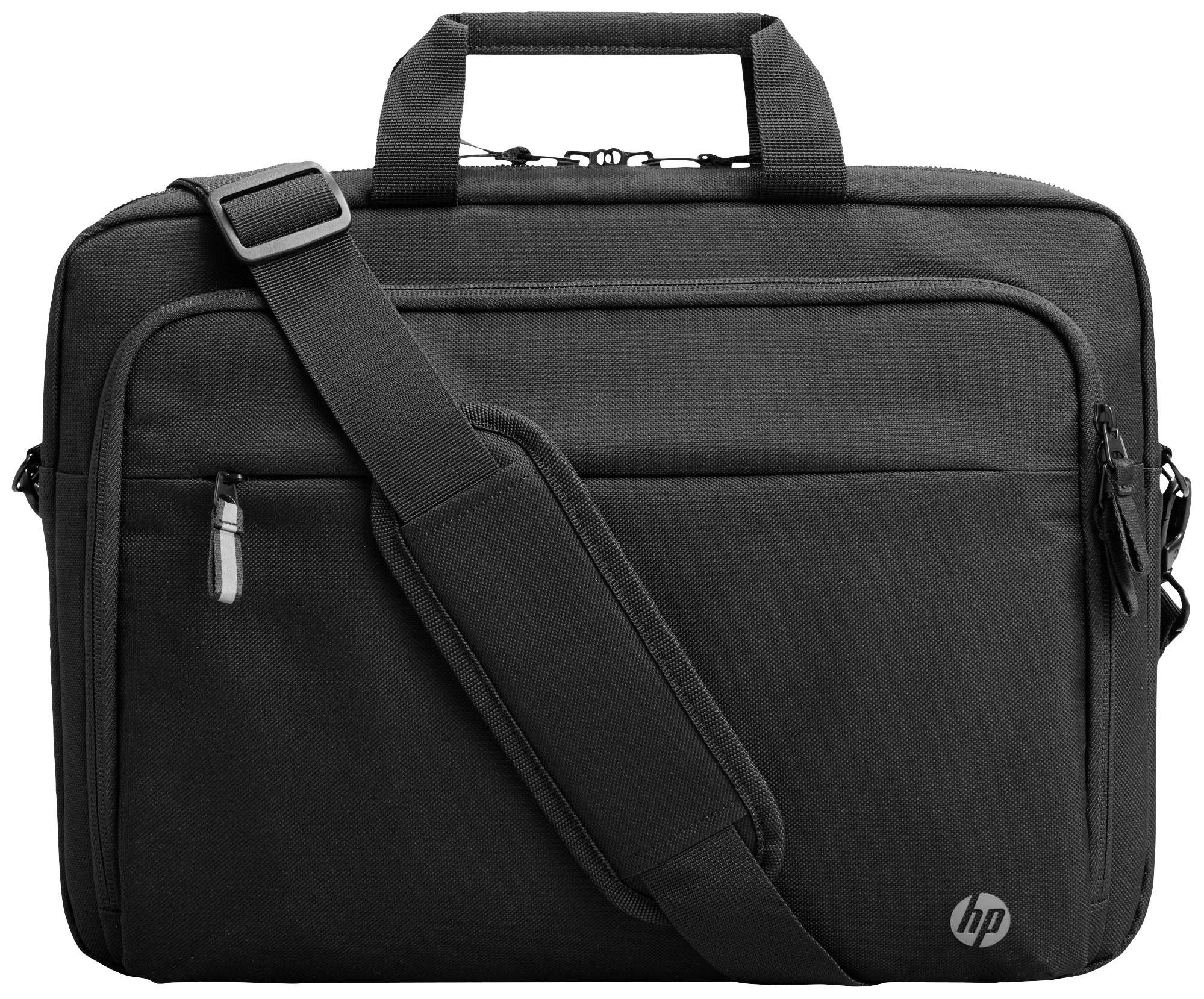 Schwarze HP-Laptoptasche mit Reißverschlusstaschen und Schultergurt, geeignet für den sicheren Transport von Laptops und Zubehör.