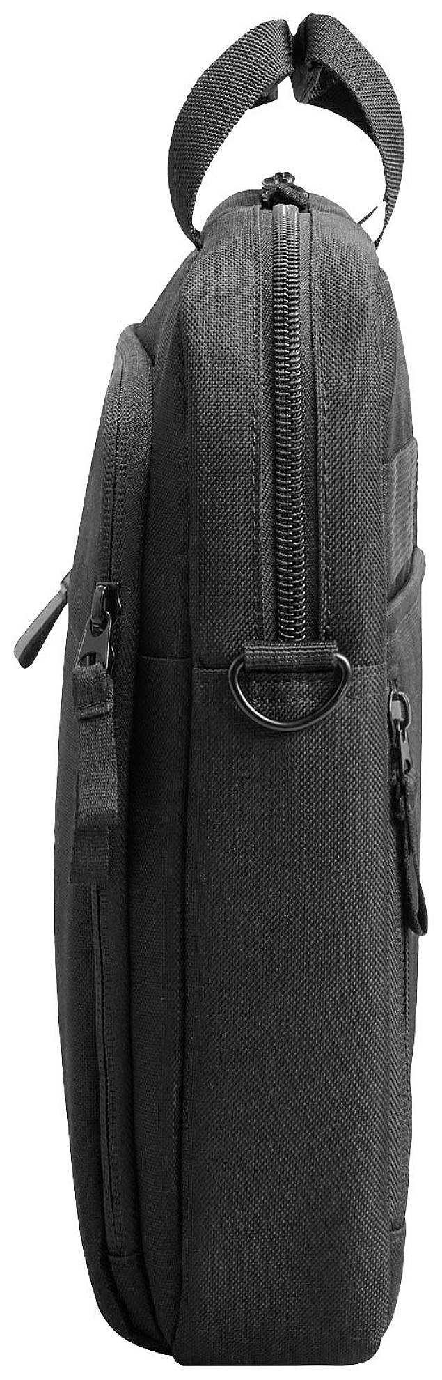 Schwarze Laptoptasche, seitlich gesehen, mit Reißverschluss oben, Tragegriff und zusätzlichem Fach mit Reißverschluss an der Seite.