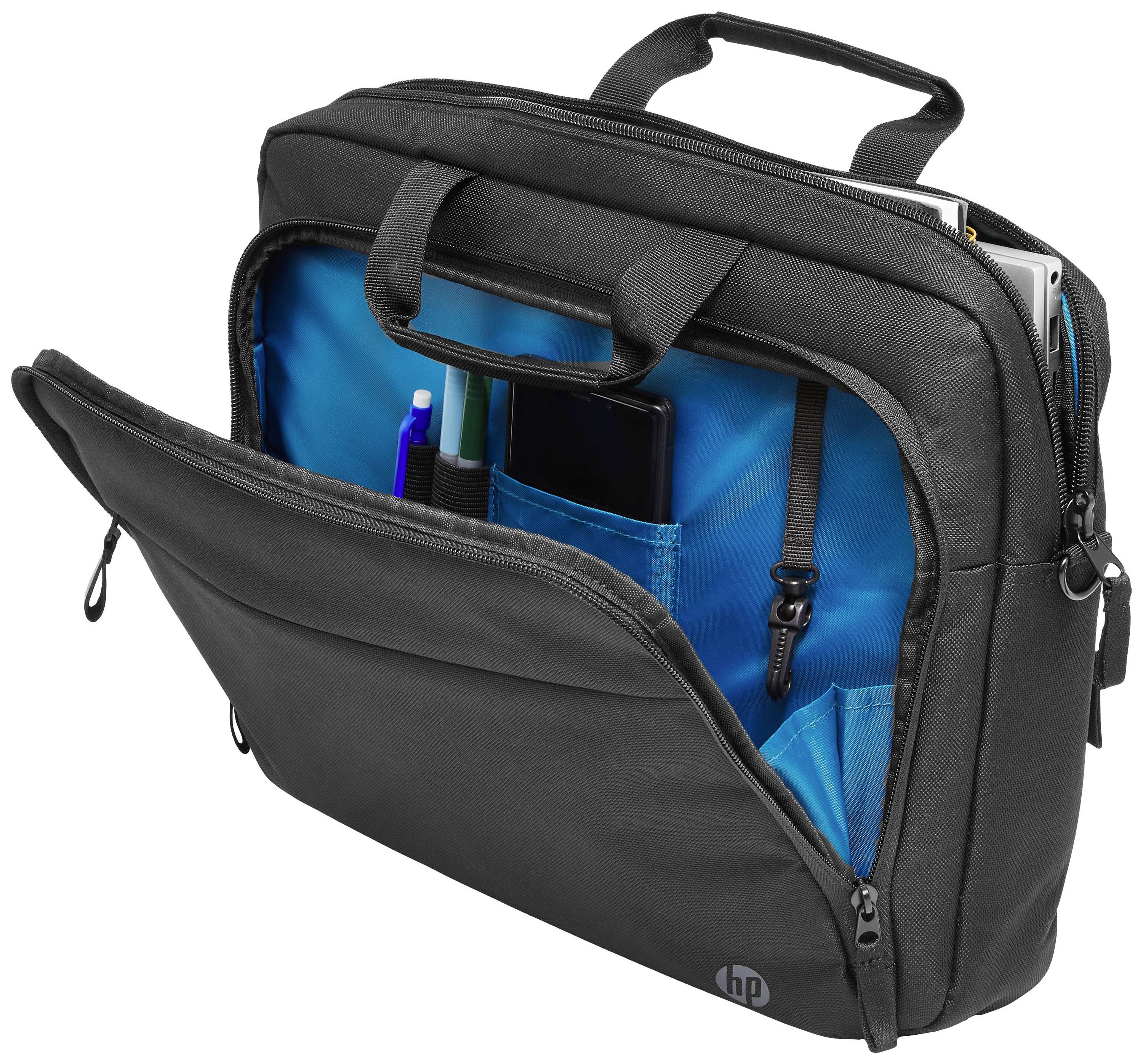 Eine schwarze Laptoptasche mit blauen Innentaschen, gefüllt mit Schreibutensilien und Dokumenten. Sie hat zwei Hauptfächer mit Reißverschlüssen.