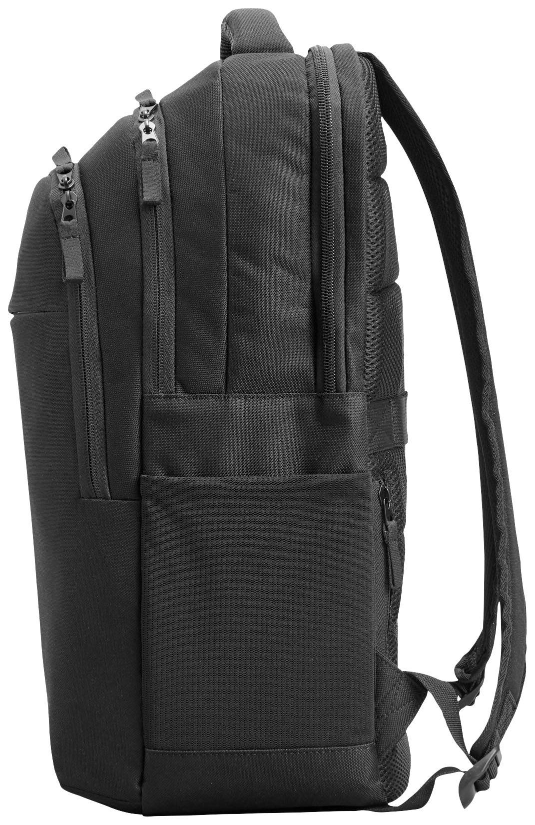 Schwarzer Rucksack, seitliche Ansicht, mit mehreren Reißverschlussfächern und verstellbaren Schultergurten.