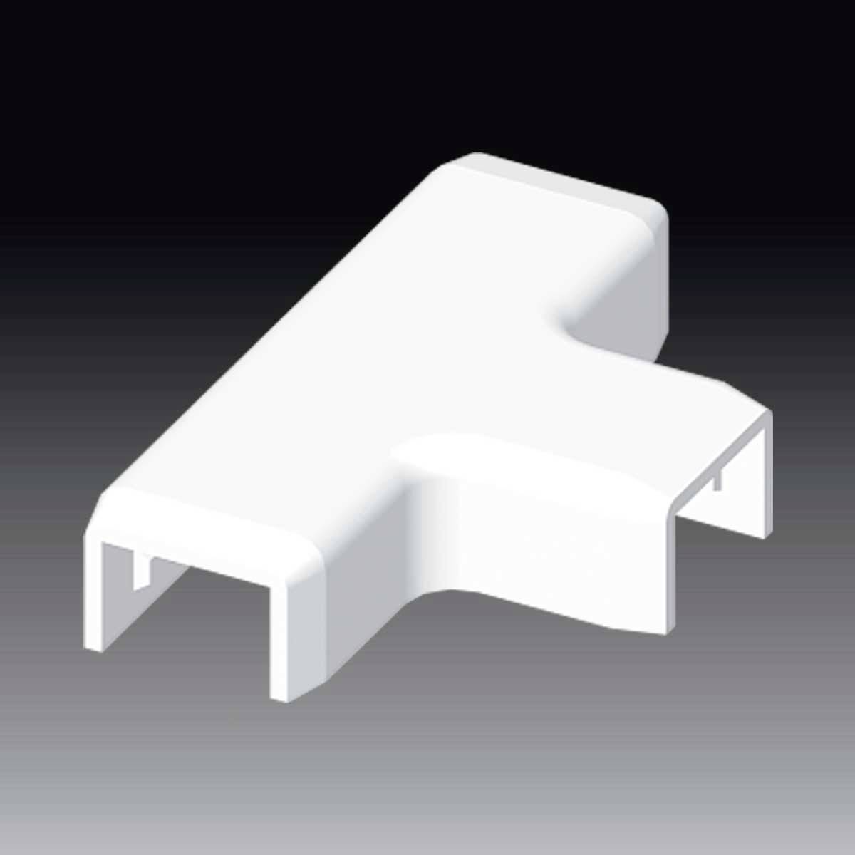 Ein weißes, T-förmiges Kunststoffteil auf einem grauen Hintergrund. Es hat abgerundete Kanten und wirkt industriell gefertigt.