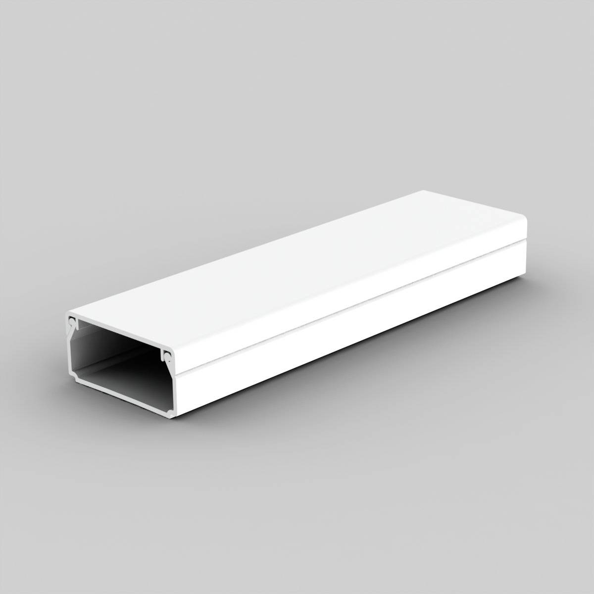 Ein rechteckiges, weißes Kabelkanalgehäuse auf einem grauen Hintergrund, offen an einem Ende zur Aufnahme von Kabeln.