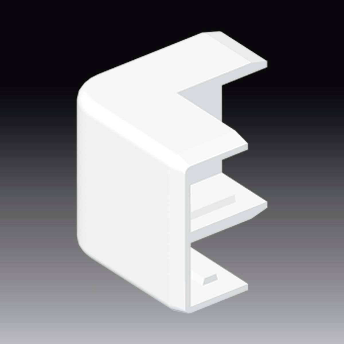 Ein 3D-Modell eines weißen, L-förmigen Verbindungsstücks mit zwei Schlitzen, vor einem dunklen Hintergrund.